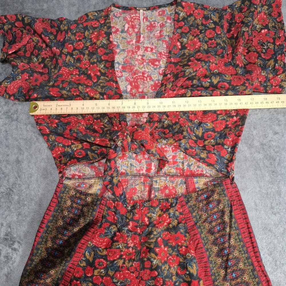 Free People Surf Date Romper Womens Sz 4 Burgundy Floral Ruffle Hem Boho Beach